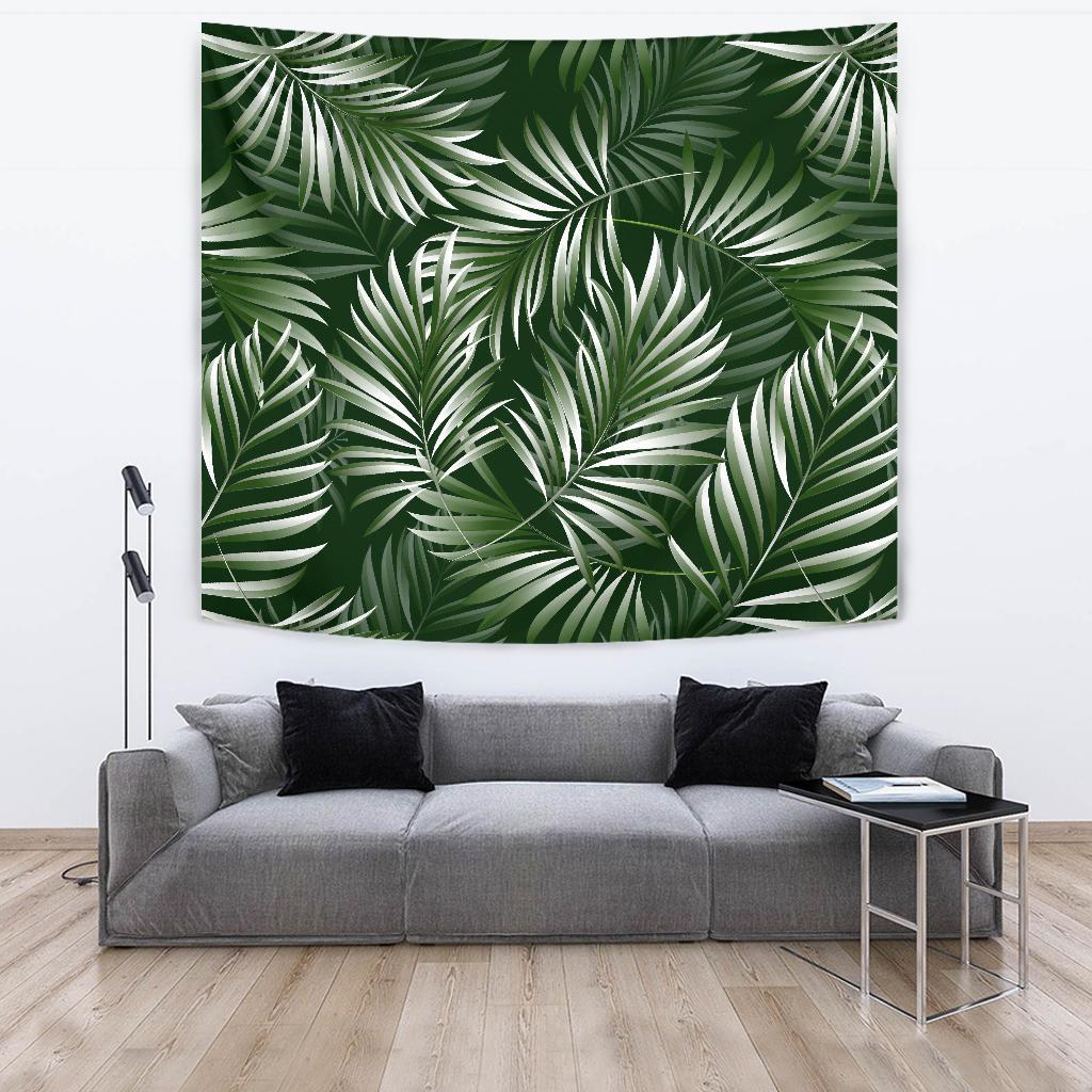 White Green Tropical Palm Leaves Tapestry
