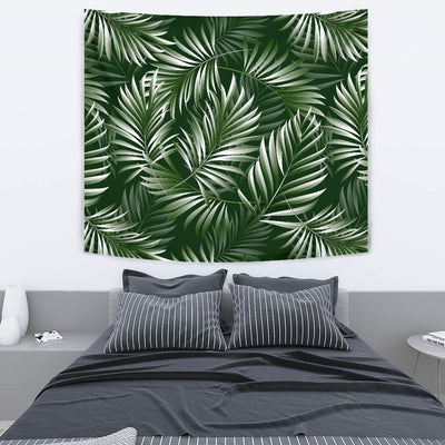 White _ Green Tropical Palm Leaves Wall Tapestry