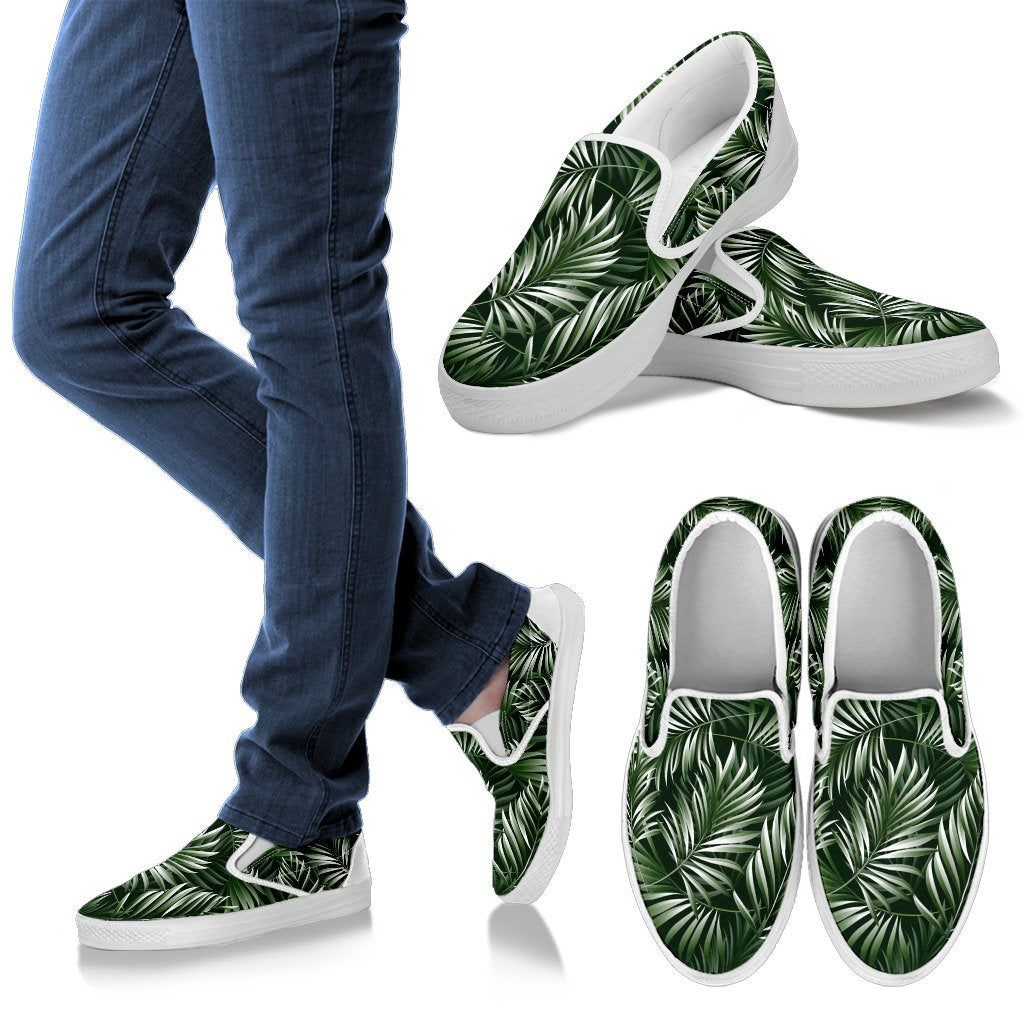 White & Green Tropical Palm Leaves Women Canvas Slip On Shoes