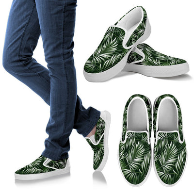 White & Green Tropical Palm Leaves Women Canvas Slip On Shoes