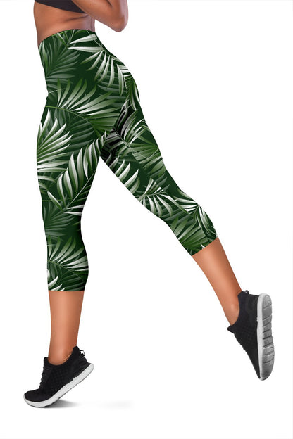 White Green Tropical Palm Leaves Women Capris