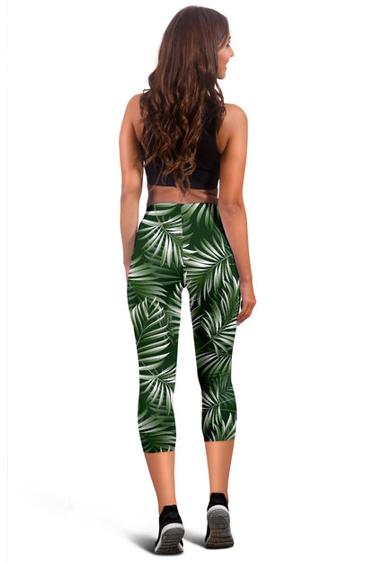 White Green Tropical Palm Leaves Women Capris