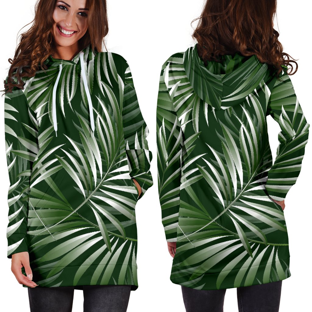 White Green Tropical Palm Leaves Women Hoodie Dress