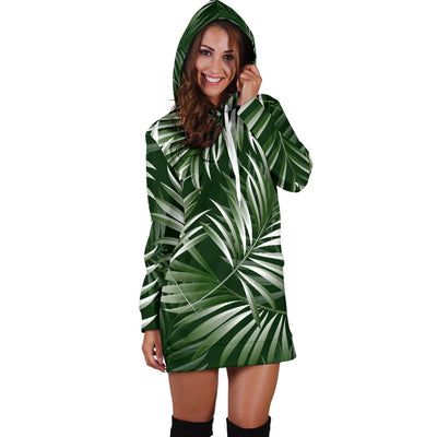 White Green Tropical Palm Leaves Women Hoodie Dress