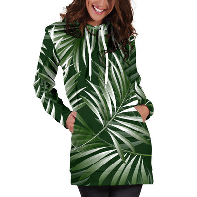 White Green Tropical Palm Leaves Women Hoodie Dress