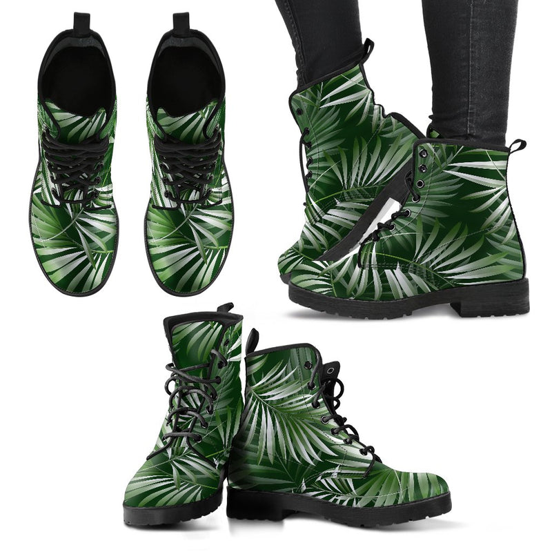 White Green Tropical Palm Leaves Women Leather Boots