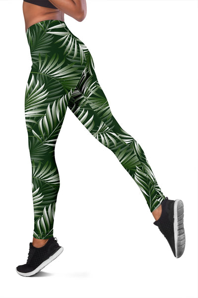 White Green Tropical Palm Leaves Women Leggings