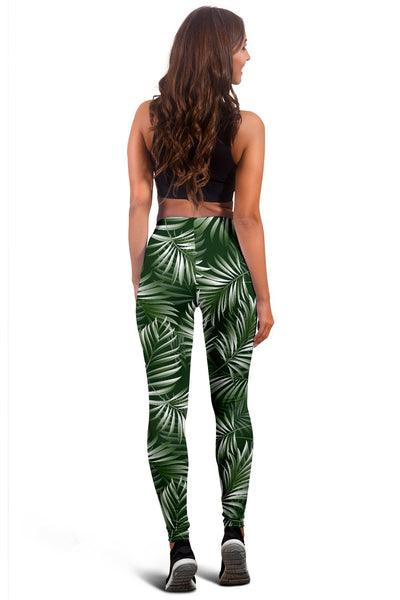 White Green Tropical Palm Leaves Women Leggings