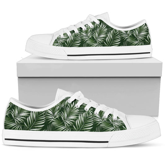 White & Green Tropical Palm Leaves Women Low Top Canvas Shoes