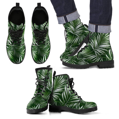 White & Green Tropical Palm Leaves Women & Men Leather Boots