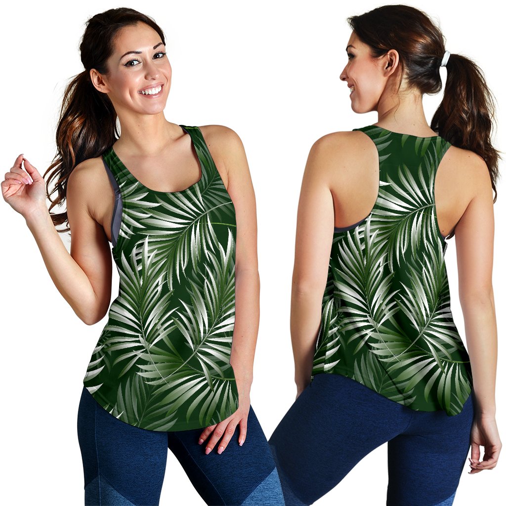White Green Tropical Palm Leaves Women Racerback Tank Top