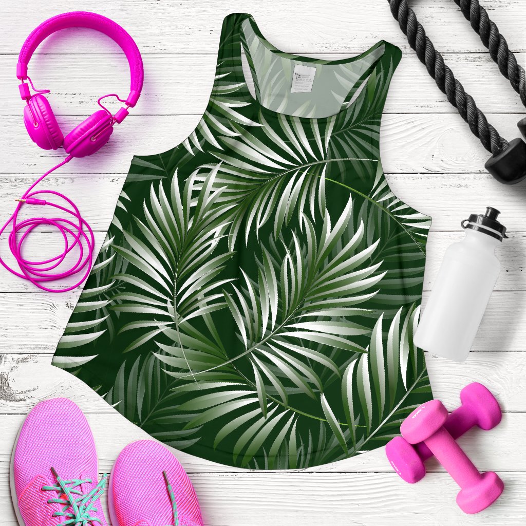 White Green Tropical Palm Leaves Women Racerback Tank Top
