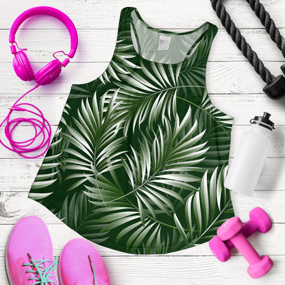 White Green Tropical Palm Leaves Women Racerback Tank Top