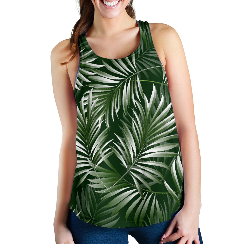 White Green Tropical Palm Leaves Women Racerback Tank Top