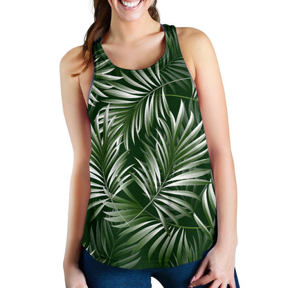 White Green Tropical Palm Leaves Women Racerback Tank Top