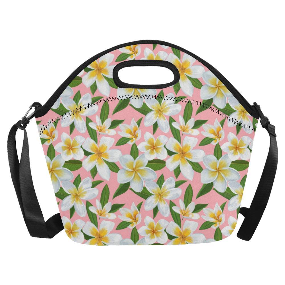 White Plumeria Pattern Print Design PM011 Neoprene Lunch Bag-JorJune