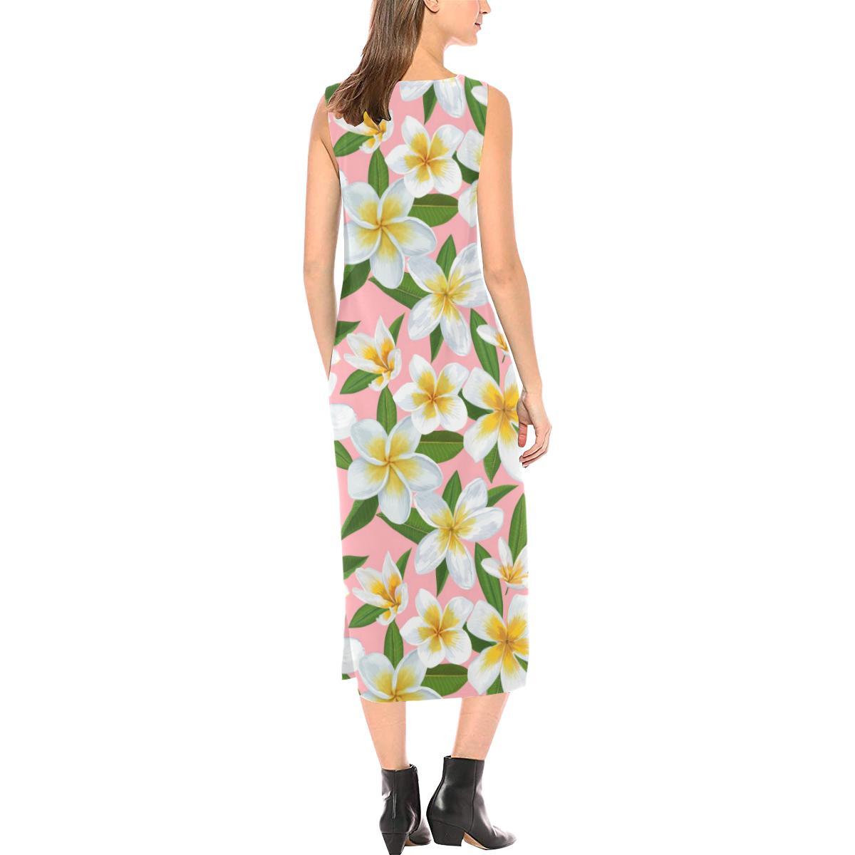 White Plumeria Pattern Print Design PM011 Sleeveless Open Fork Long Dress