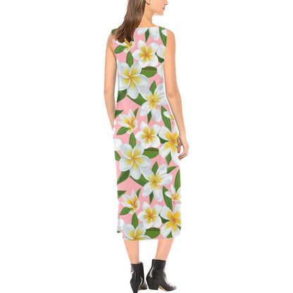 White Plumeria Pattern Print Design PM011 Sleeveless Open Fork Long Dress
