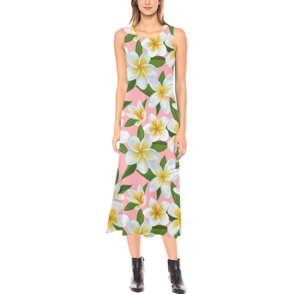 White Plumeria Pattern Print Design PM011 Sleeveless Open Fork Long Dress