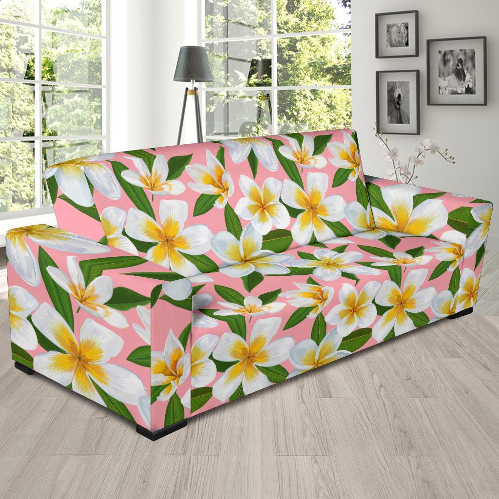White Plumeria Pattern Print Design PM011 Sofa Slipcover-JORJUNE.COM