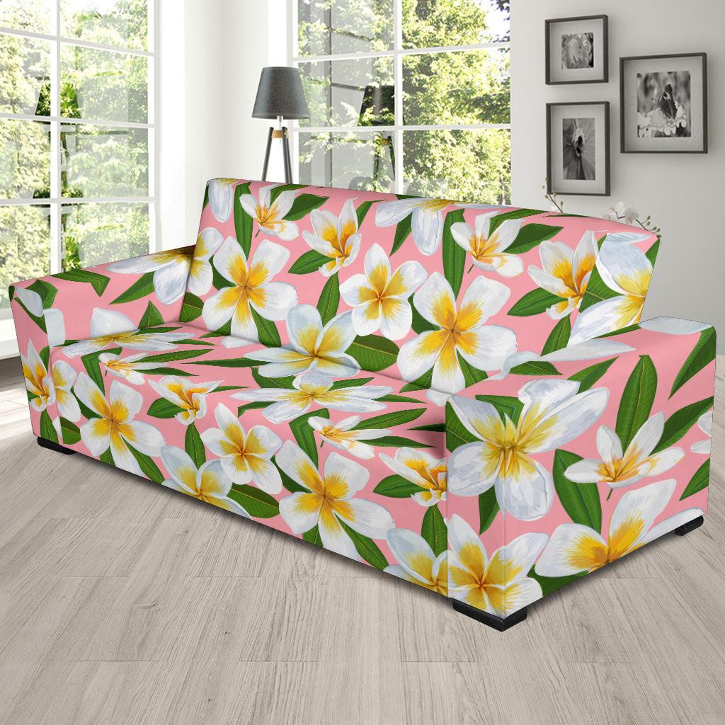 White Plumeria Pattern Print Design PM011 Sofa Slipcover-JORJUNE.COM