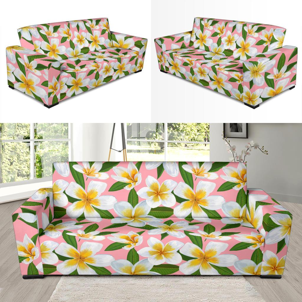 White Plumeria Pattern Print Design PM011 Sofa Slipcover-JORJUNE.COM