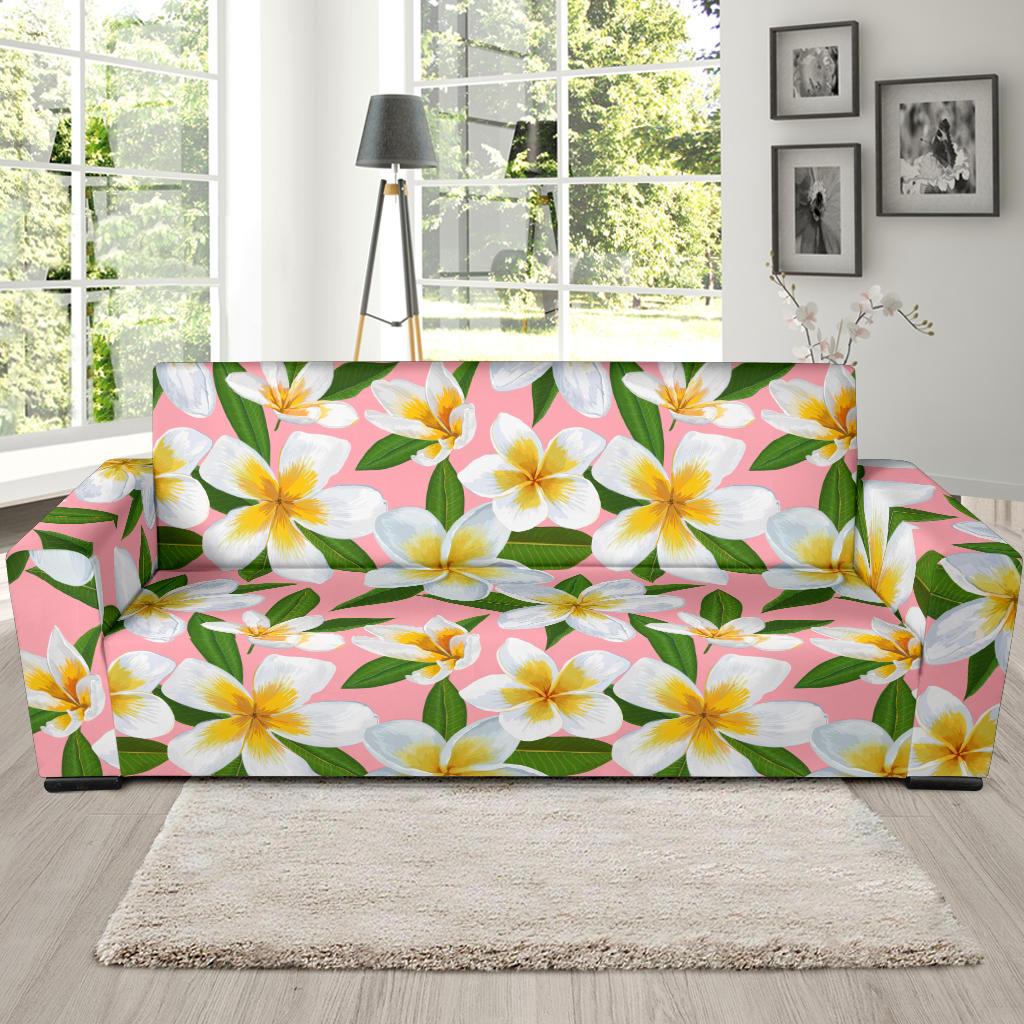 White Plumeria Pattern Print Design PM011 Sofa Slipcover-JORJUNE.COM