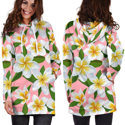 White Plumeria Pattern Print Design PM011 Women Hoodie Dress