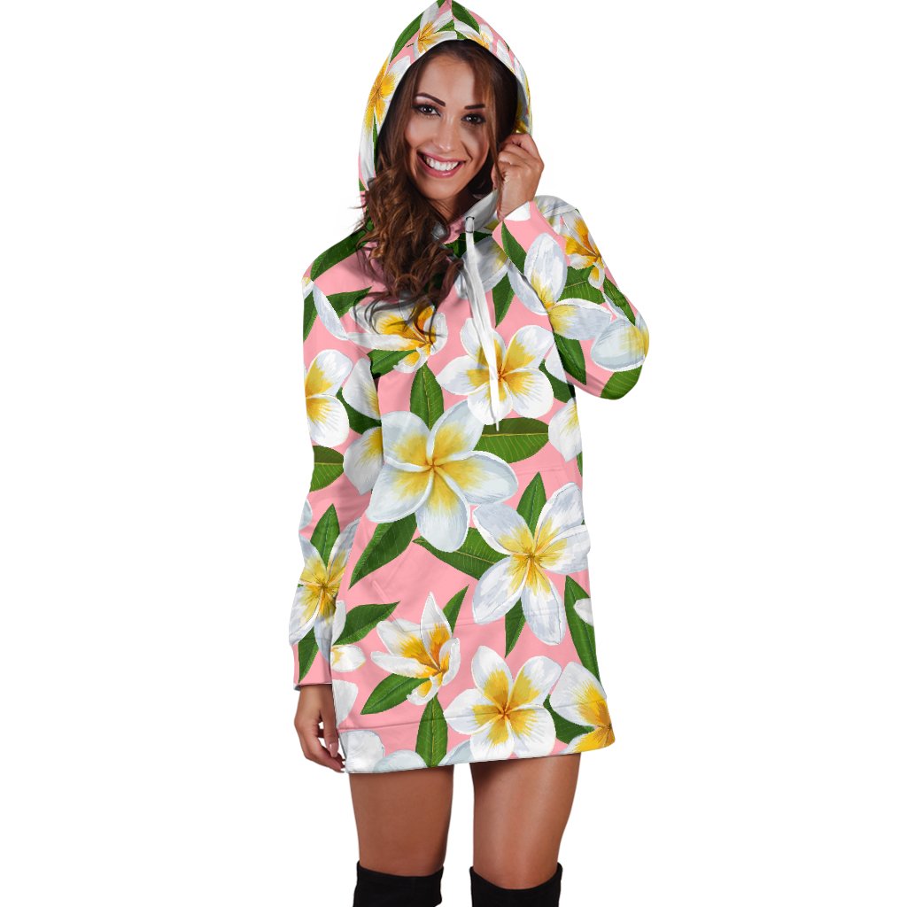 White Plumeria Pattern Print Design PM011 Women Hoodie Dress