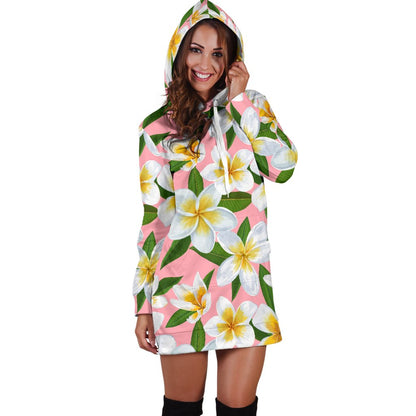 White Plumeria Pattern Print Design PM011 Women Hoodie Dress