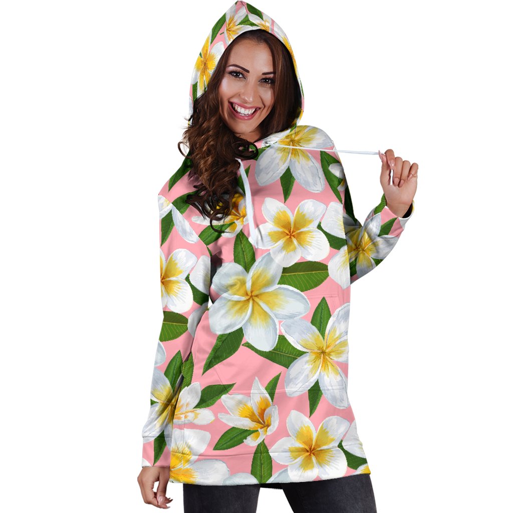 White Plumeria Pattern Print Design PM011 Women Hoodie Dress