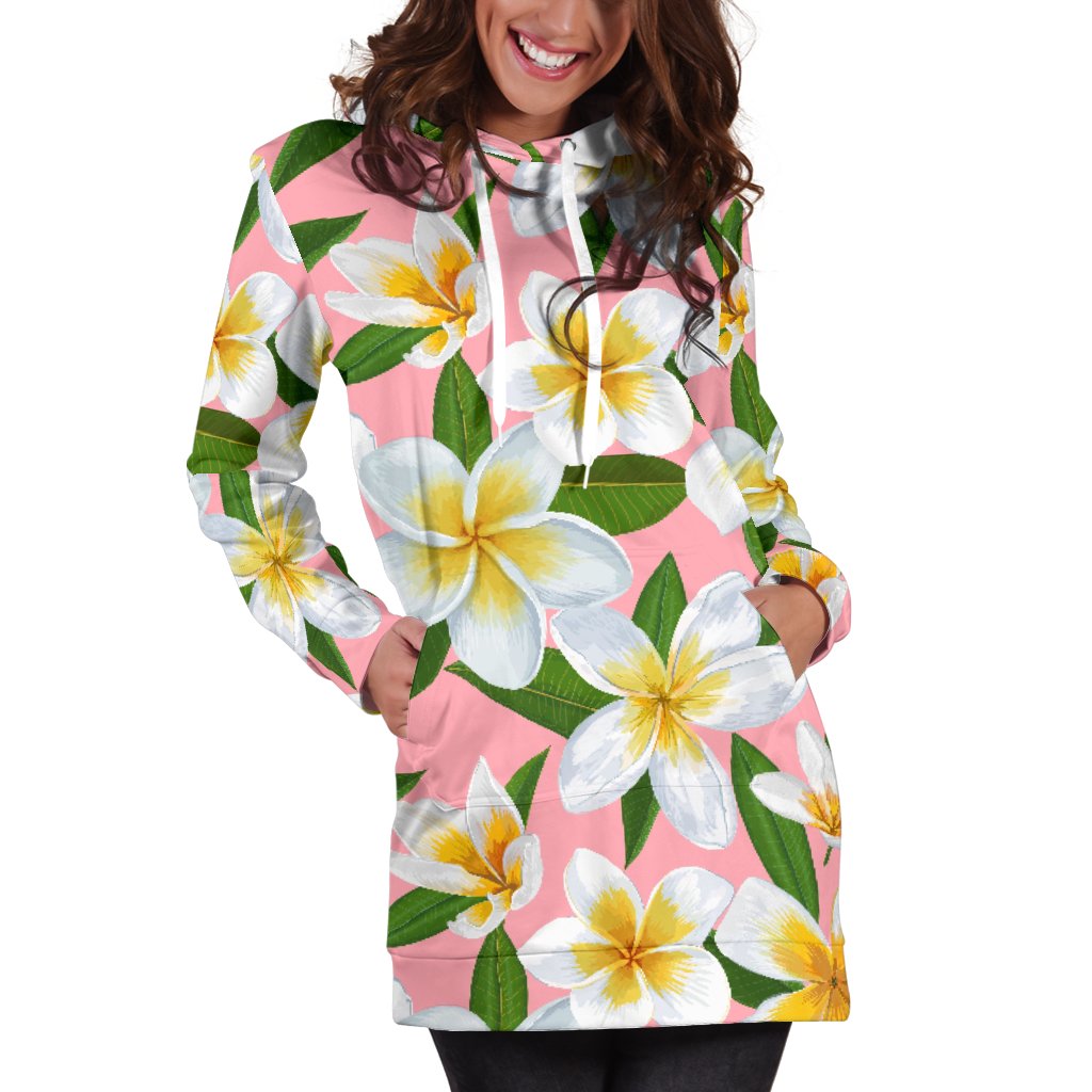 White Plumeria Pattern Print Design PM011 Women Hoodie Dress