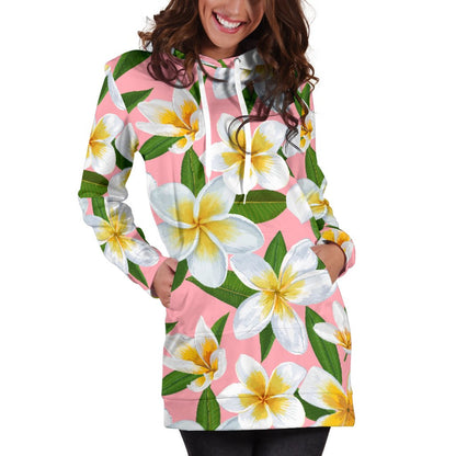 White Plumeria Pattern Print Design PM011 Women Hoodie Dress