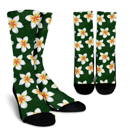 White Plumeria Pattern Print Design PM020 Crew Socks-JORJUNE.COM