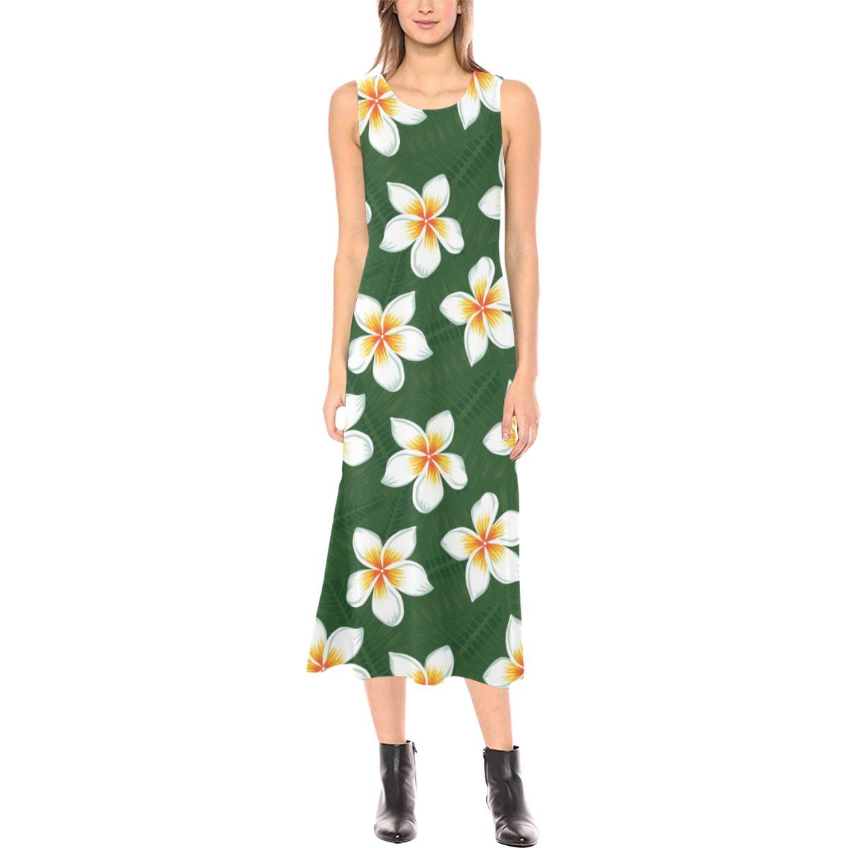 White Plumeria Pattern Print Design PM020 Sleeveless Open Fork Long Dress