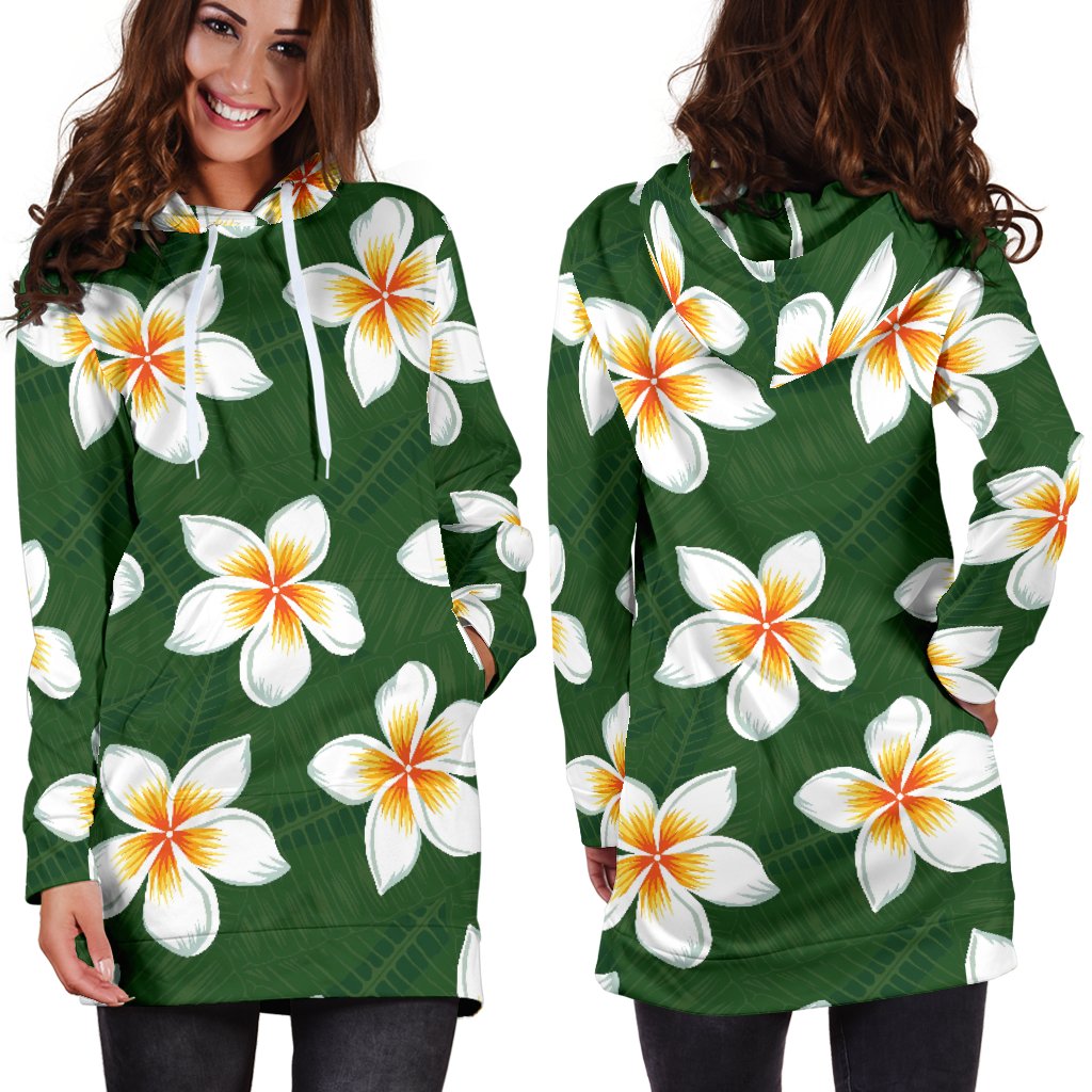 White Plumeria Pattern Print Design PM020 Women Hoodie Dress