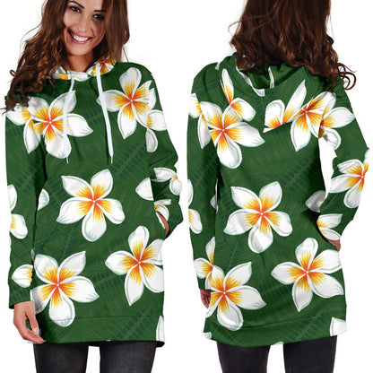 White Plumeria Pattern Print Design PM020 Women Hoodie Dress