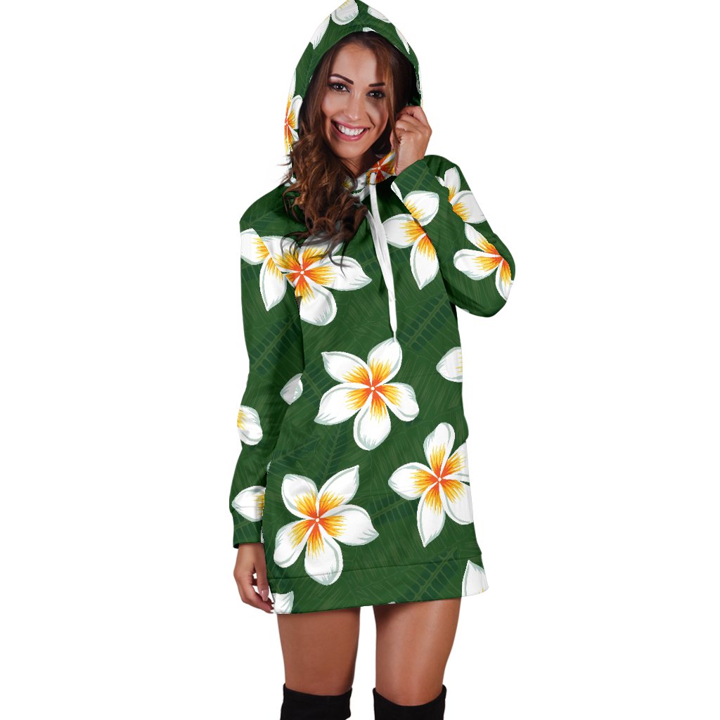 White Plumeria Pattern Print Design PM020 Women Hoodie Dress