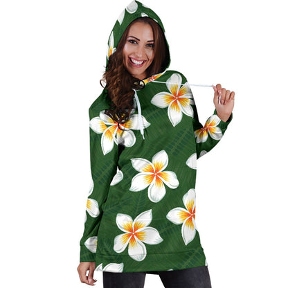 White Plumeria Pattern Print Design PM020 Women Hoodie Dress