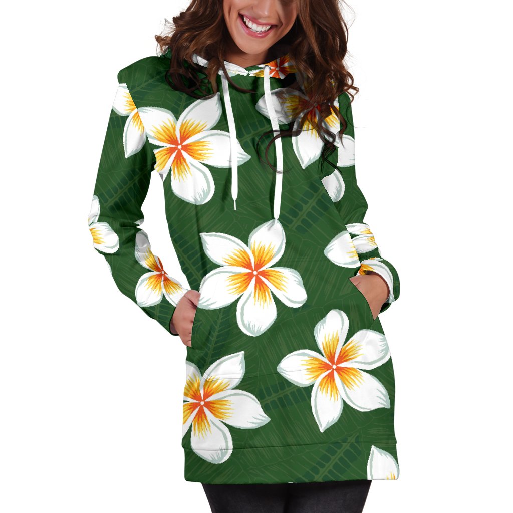 White Plumeria Pattern Print Design PM020 Women Hoodie Dress