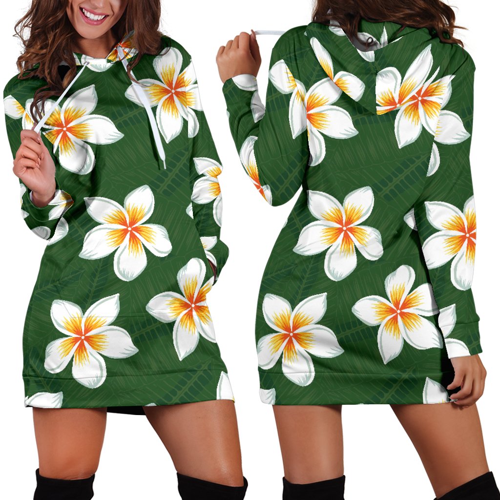 White Plumeria Pattern Print Design PM020 Women Hoodie Dress