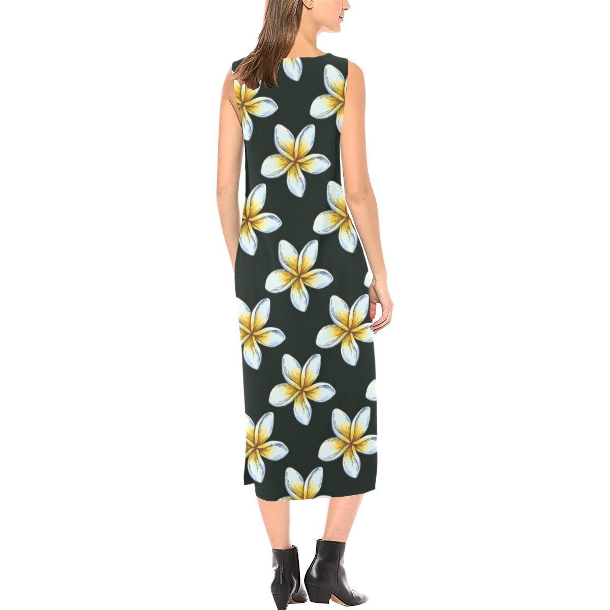 White Plumeria Pattern Print Design PM022 Sleeveless Open Fork Long Dr –  JorJune