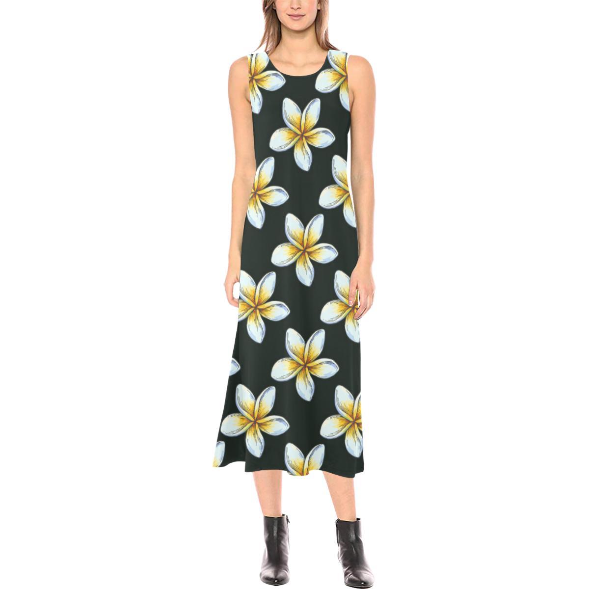 White Plumeria Pattern Print Design PM022 Sleeveless Open Fork Long Dress