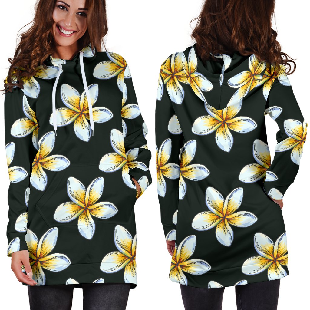 White Plumeria Pattern Print Design PM022 Women Hoodie Dress