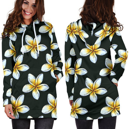 White Plumeria Pattern Print Design PM022 Women Hoodie Dress