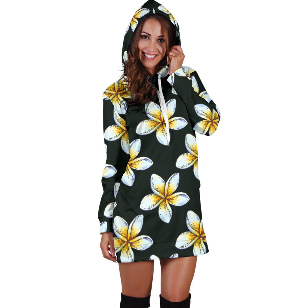 White Plumeria Pattern Print Design PM022 Women Hoodie Dress
