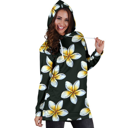 White Plumeria Pattern Print Design PM022 Women Hoodie Dress