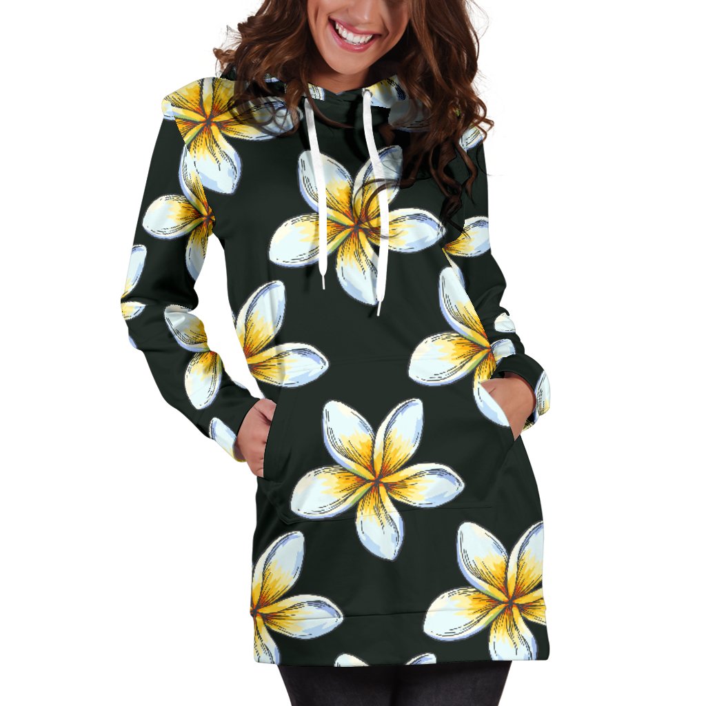 White Plumeria Pattern Print Design PM022 Women Hoodie Dress