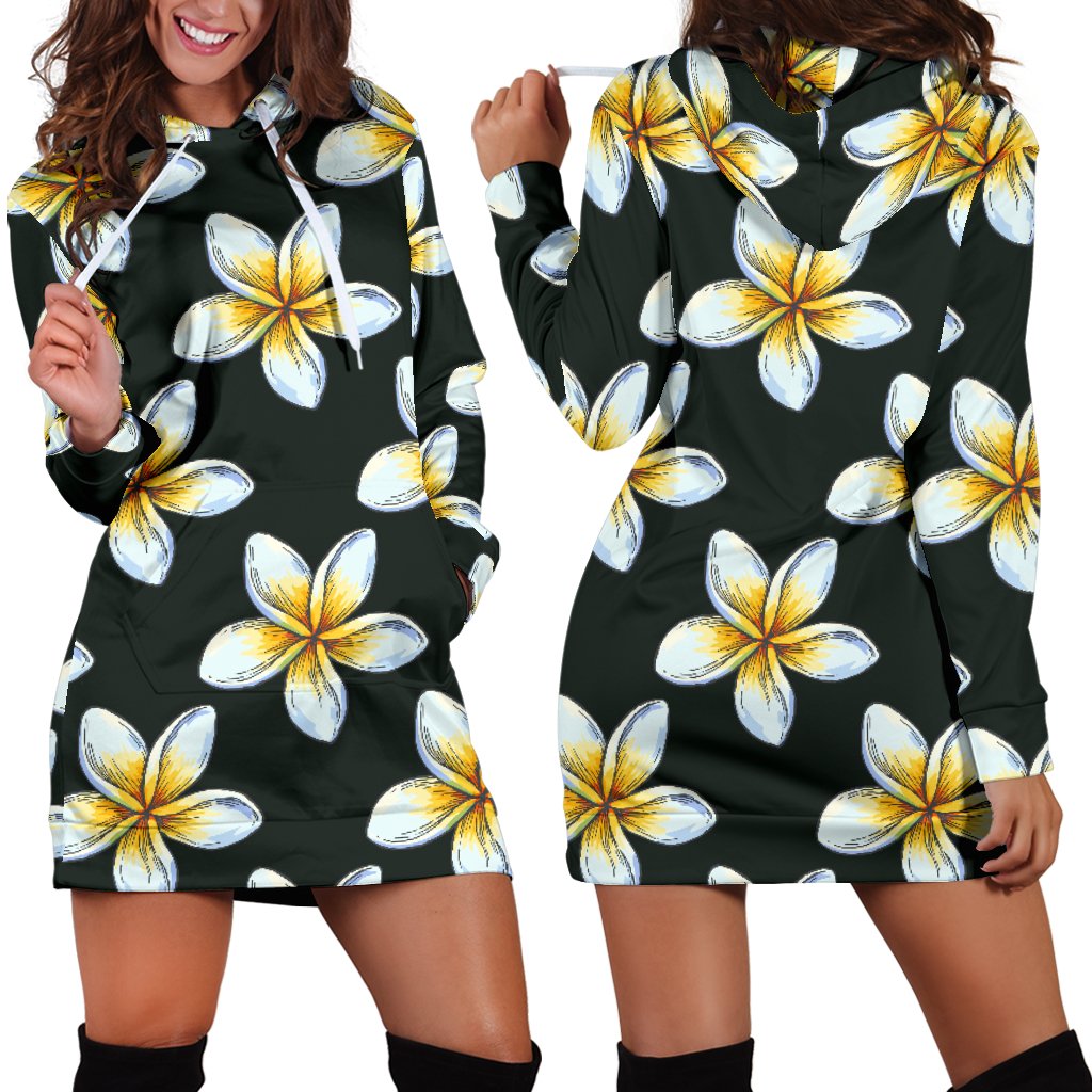 White Plumeria Pattern Print Design PM022 Women Hoodie Dress