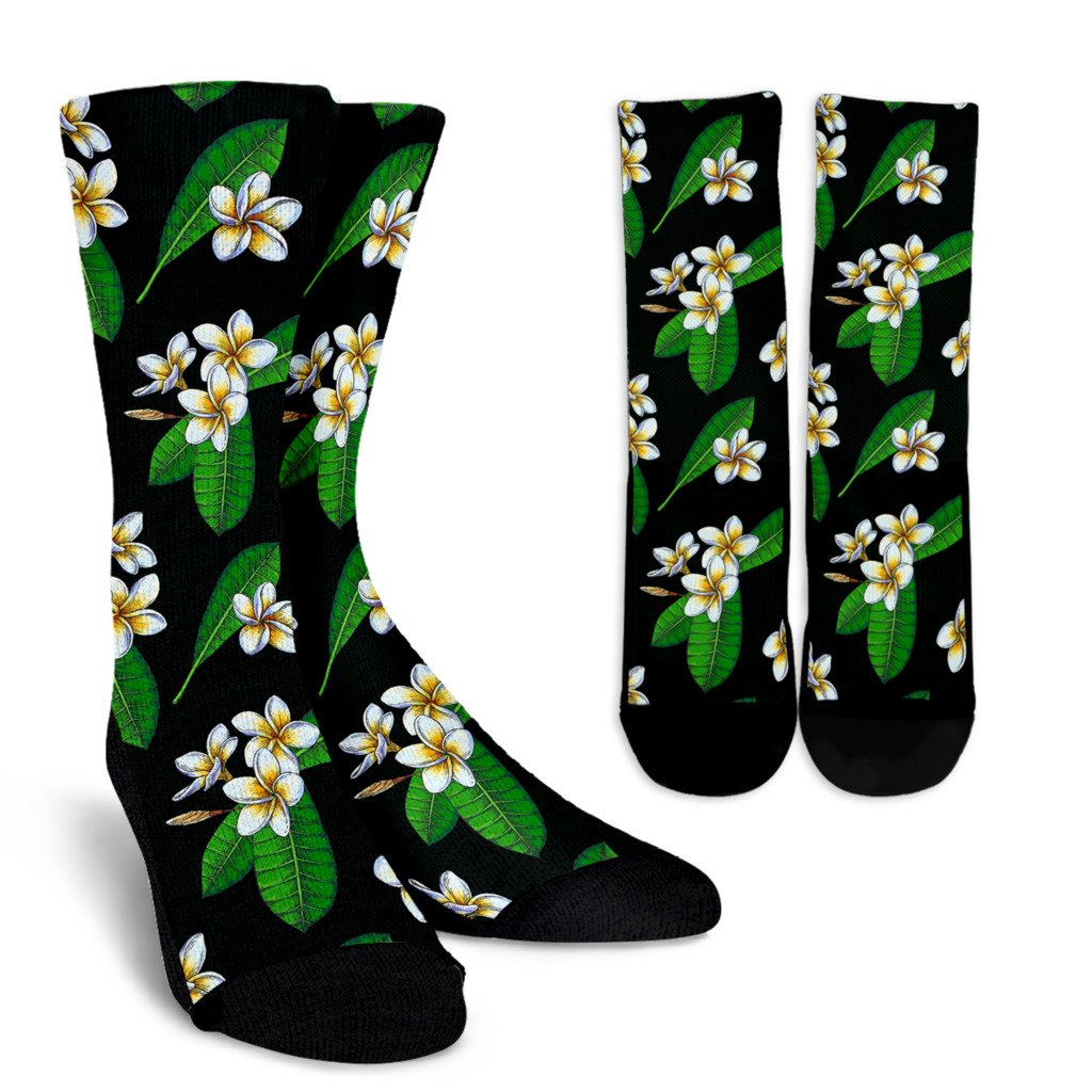 White Plumeria Pattern Print Design PM023 Crew Socks-JORJUNE.COM